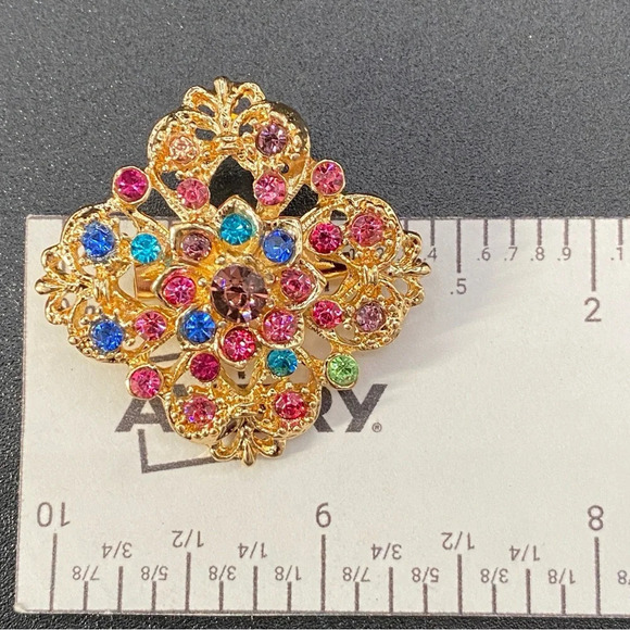 Colourful Gemstone Vintage Inspired Gold Tone Brooch - Picture 3 of 8